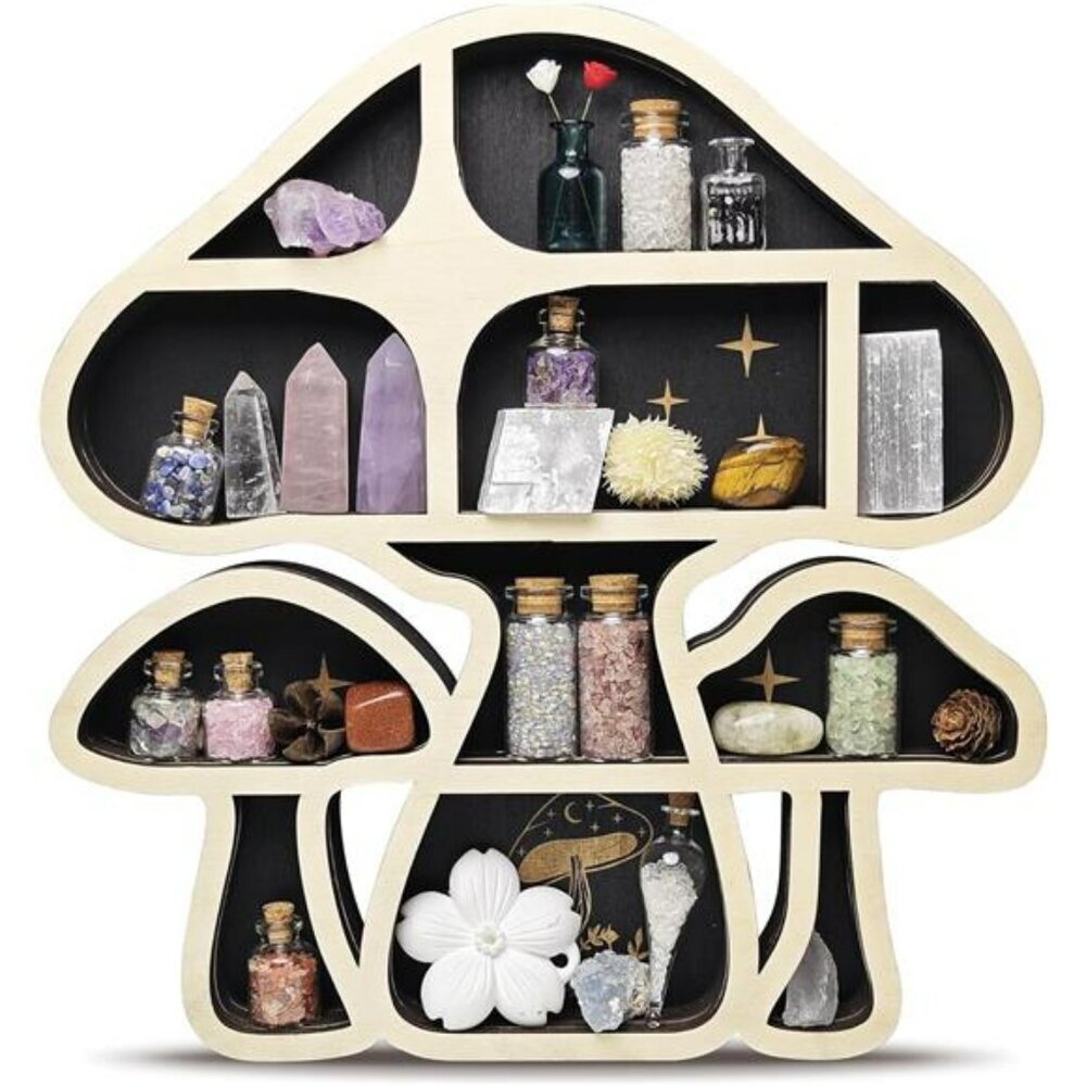 Wooden Mushroom Floating Shelf Crystal Display Wall Hanging Organizer for Decor